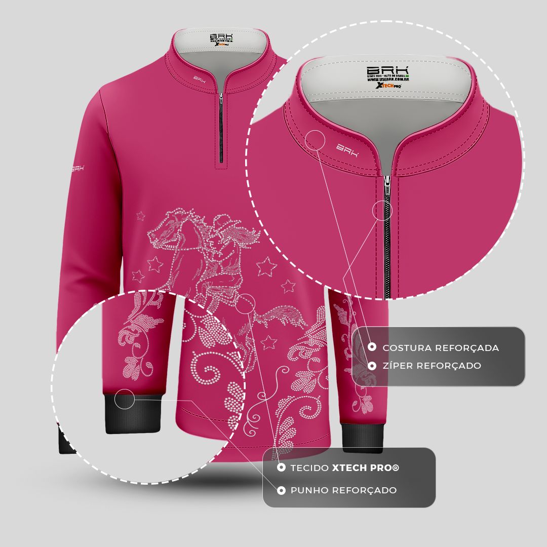 Camisa Agro Infantil BRK  Amazona Floral Strass Rosa com Proteção Solar UV50+ - Brk Agro