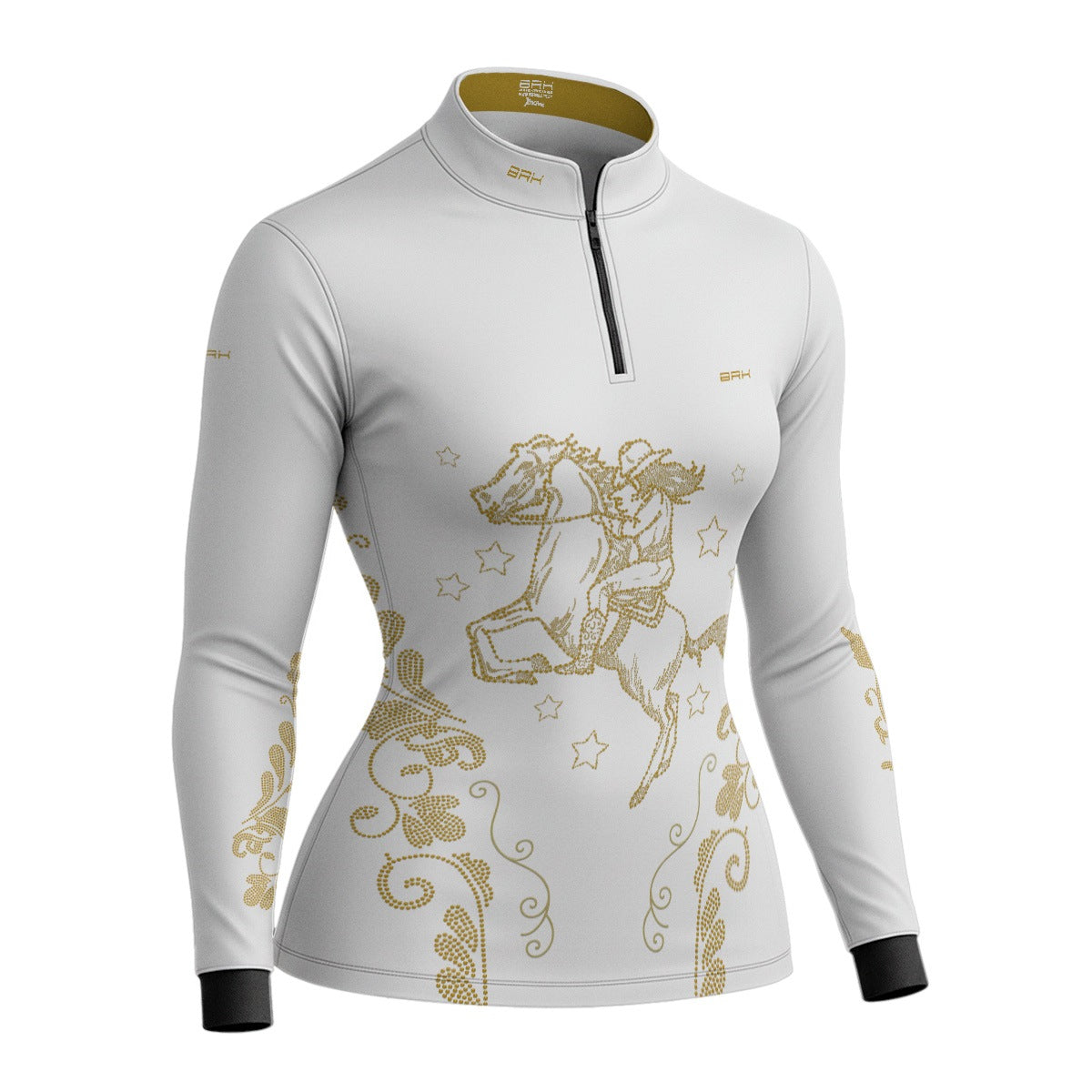 Camisa Agro Feminina BRK Amazona Floral Strass Branca e Dourado com Proteção Solar UV50+ - Brk Agro