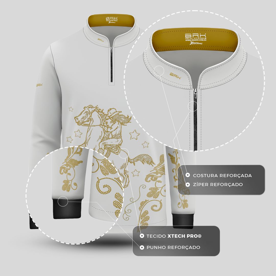 Camisa Agro Infantil BRK  Amazona Floral Strass Branca e Dourado com Proteção Solar UV50+ - Brk Agro