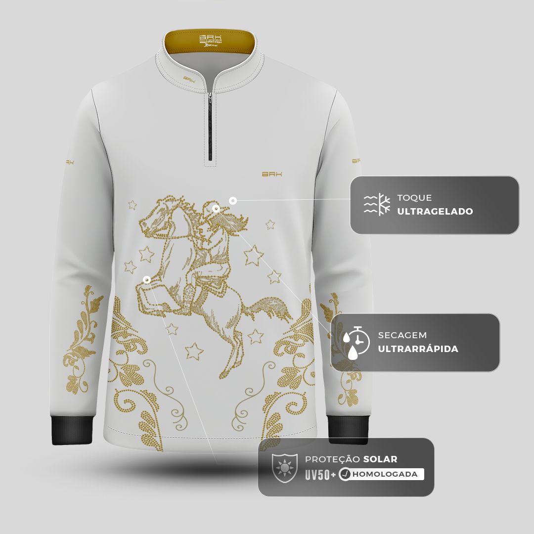 Camisa Agro Infantil BRK  Amazona Floral Strass Branca e Dourado com Proteção Solar UV50+ - Brk Agro