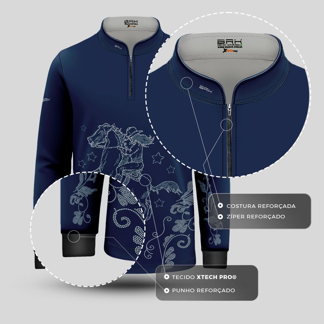 Camisa Agro Infantil BRK Amazona Floral Strass Azul Marinho com Proteção Solar UV50+ - Brk Agro