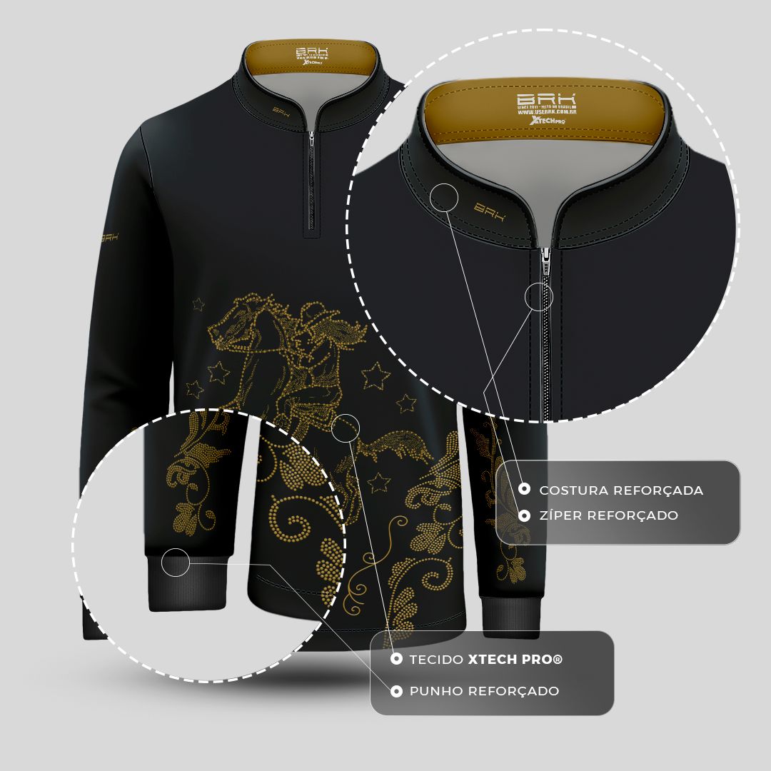 Camisa Agro Infantil BRK Amazona Floral Strass Preta com Proteção Solar UV50+ - Brk Agro