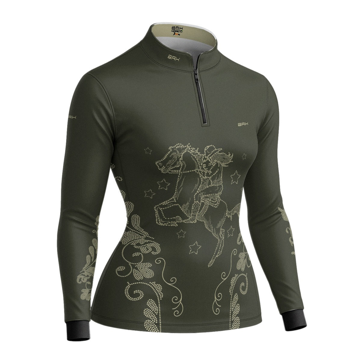 Camisa Agro Feminina BRK Amazona Floral Strass Oliva com Proteção Solar UV50+ - Brk Agro