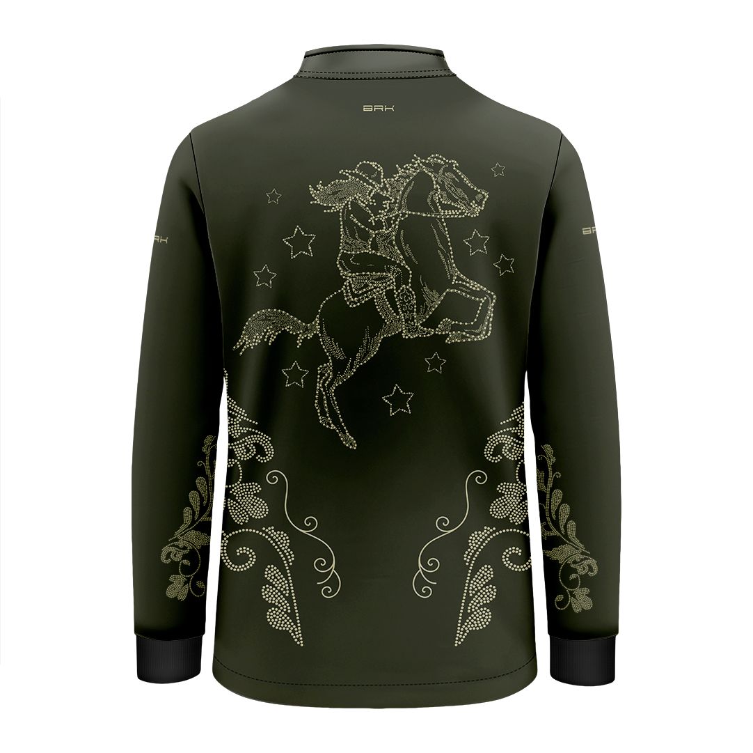 Camisa Agro Infantil BRK Amazona Floral Strass Oliva com Proteção Solar UV50+ - Brk Agro