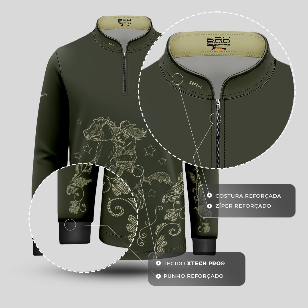 Camisa Agro Infantil BRK Amazona Floral Strass Oliva com Proteção Solar UV50+ - Brk Agro