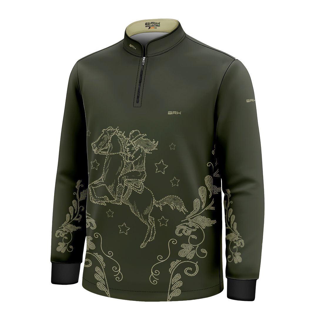 Camisa Agro Infantil BRK Amazona Floral Strass Oliva com Proteção Solar UV50+ - Brk Agro