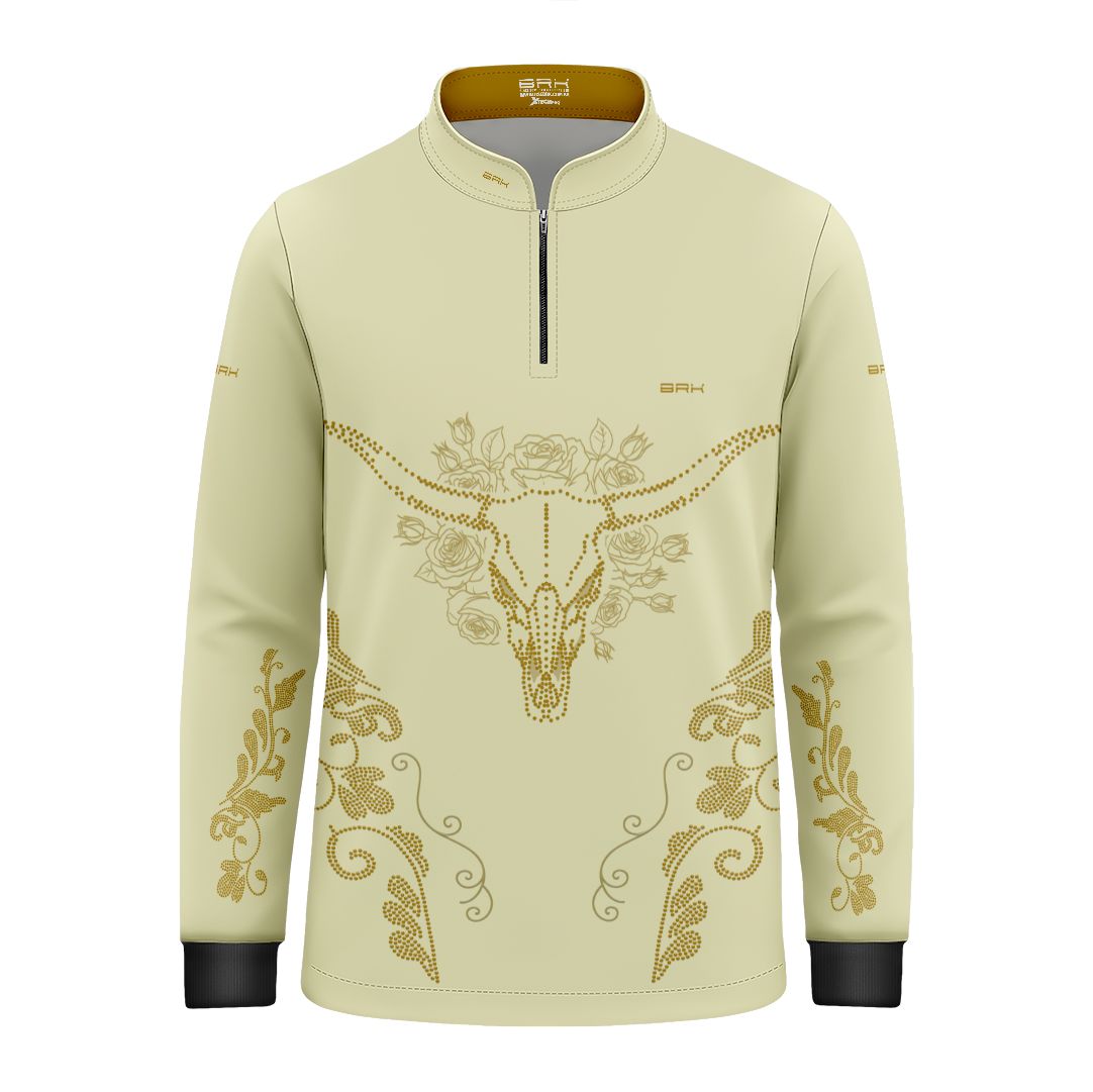 Camisa Agro Infantil BRK Longhorn Floral Strass Bege com Proteção Solar UV50+ - Brk Agro