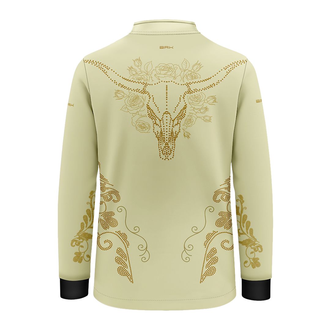 Camisa Agro Infantil BRK Longhorn Floral Strass Bege com Proteção Solar UV50+ - Brk Agro