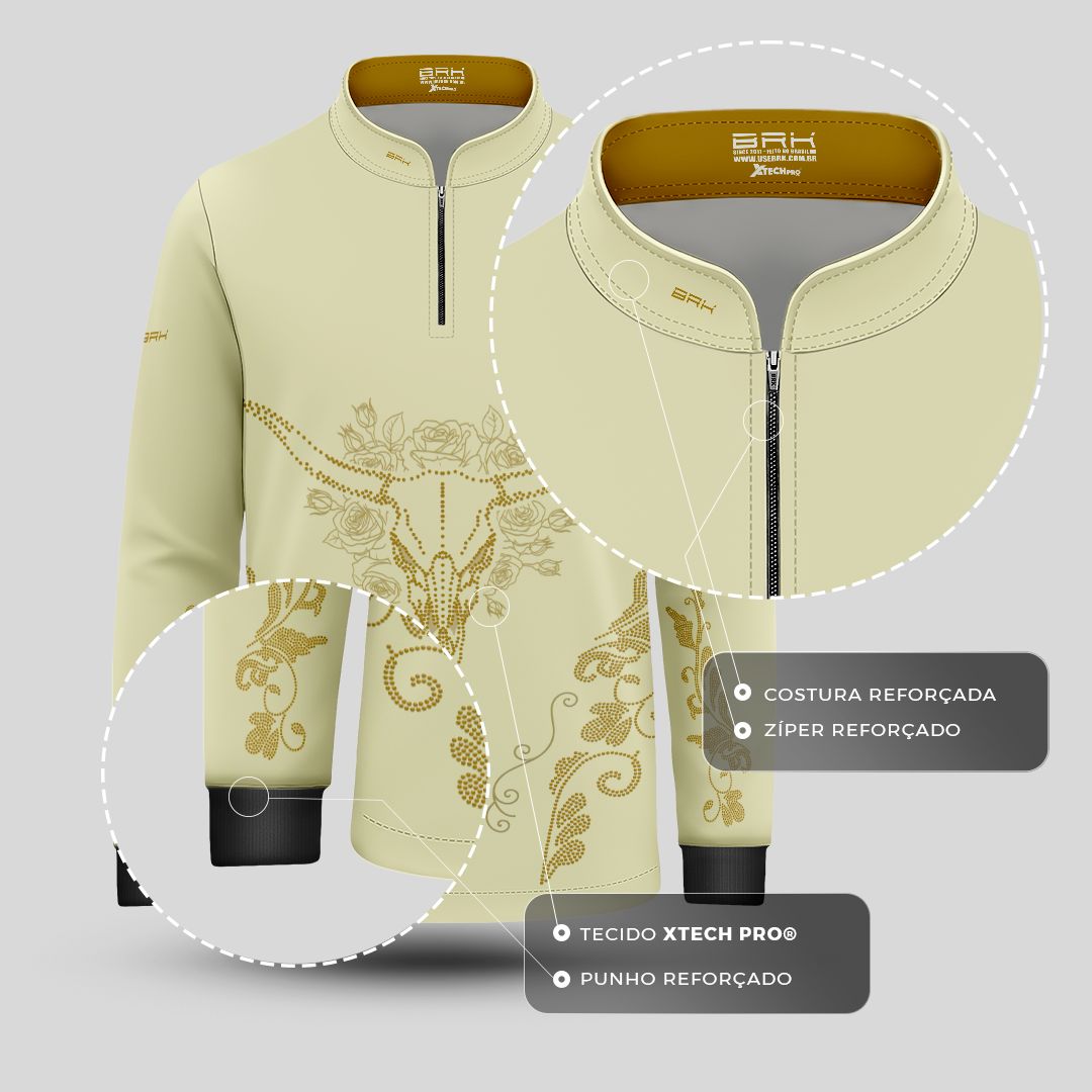 Camisa Agro Infantil BRK Longhorn Floral Strass Bege com Proteção Solar UV50+ - Brk Agro
