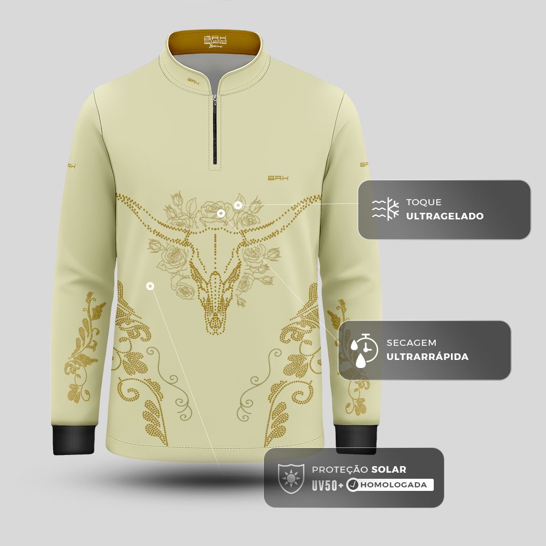 Camisa Agro Infantil BRK Longhorn Floral Strass Bege com Proteção Solar UV50+ - Brk Agro