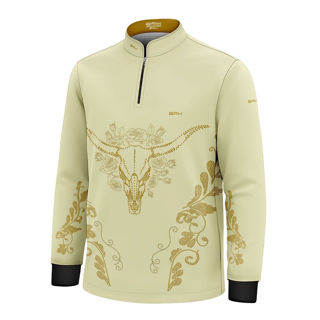 Camisa Agro Infantil BRK Longhorn Floral Strass Bege com Proteção Solar UV50+ - Brk Agro