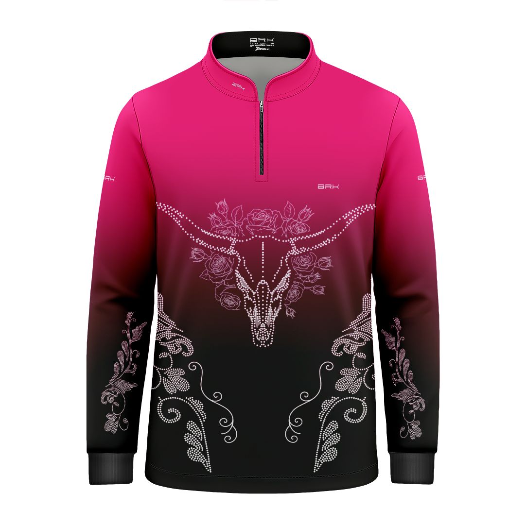 Camisa Agro Infantil BRK Longhorn Floral Strass Degradê Rosa com Proteção Solar UV50+ - Brk Agro