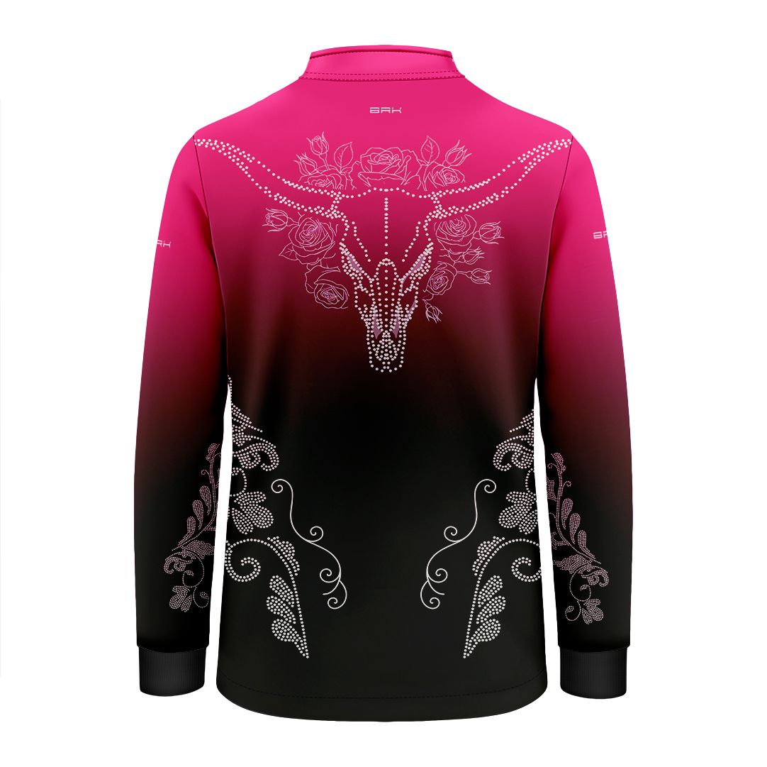Camisa Agro Infantil BRK Longhorn Floral Strass Degradê Rosa com Proteção Solar UV50+ - Brk Agro