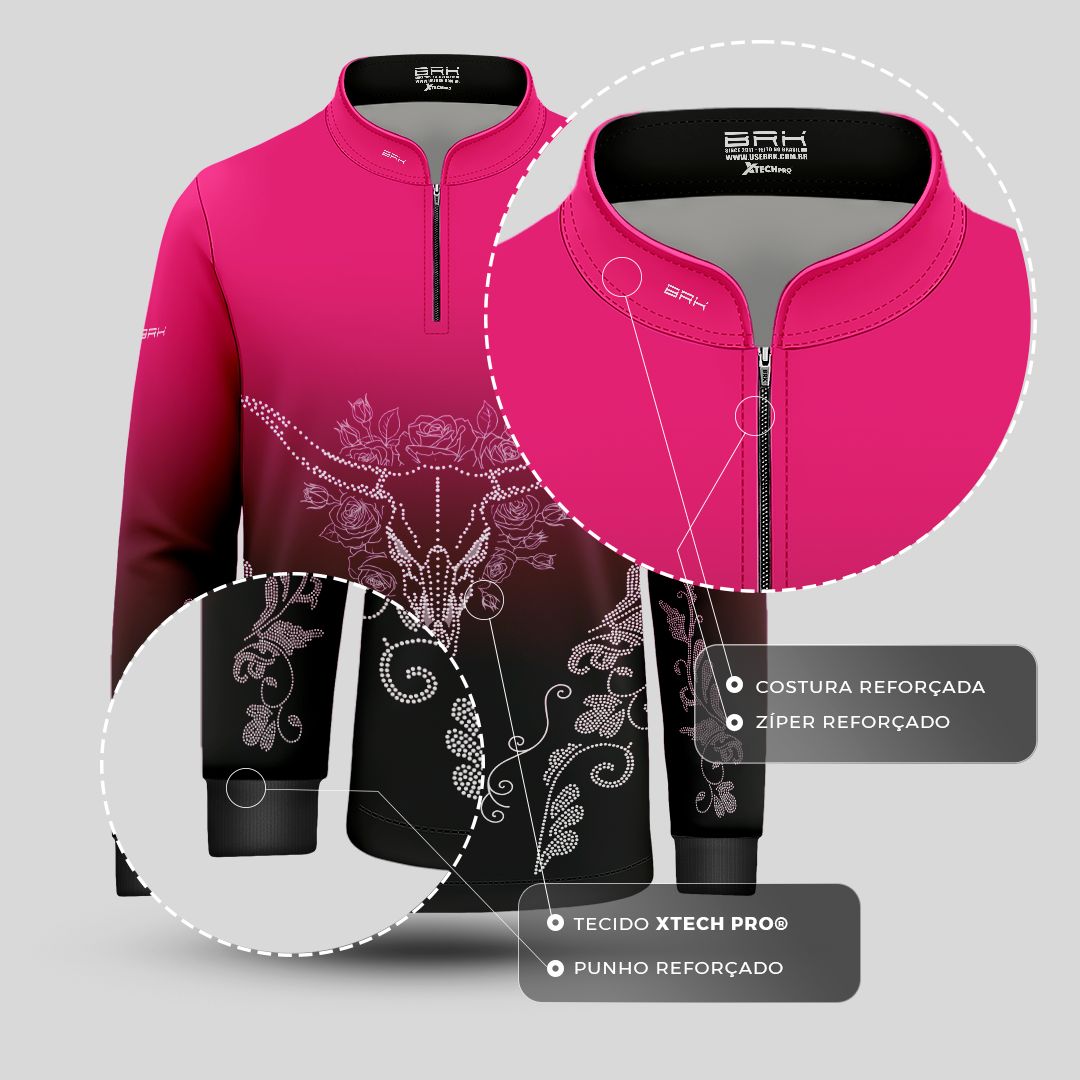 Camisa Agro Infantil BRK Longhorn Floral Strass Degradê Rosa com Proteção Solar UV50+ - Brk Agro