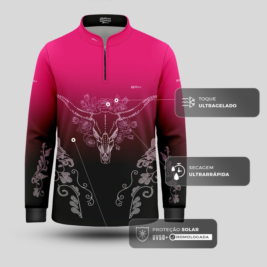 Camisa Agro Infantil BRK Longhorn Floral Strass Degradê Rosa com Proteção Solar UV50+ - Brk Agro