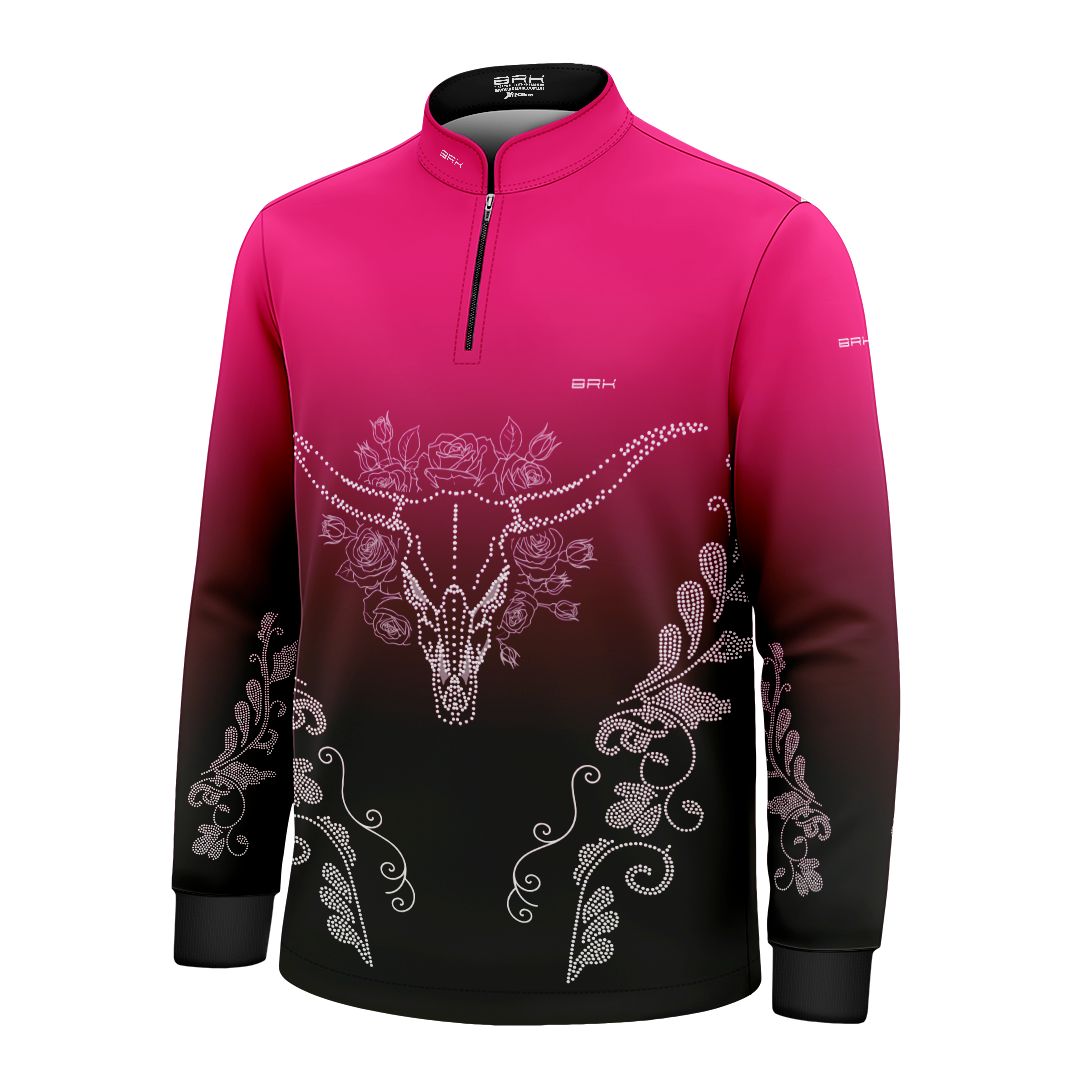 Camisa Agro Infantil BRK Longhorn Floral Strass Degradê Rosa com Proteção Solar UV50+ - Brk Agro