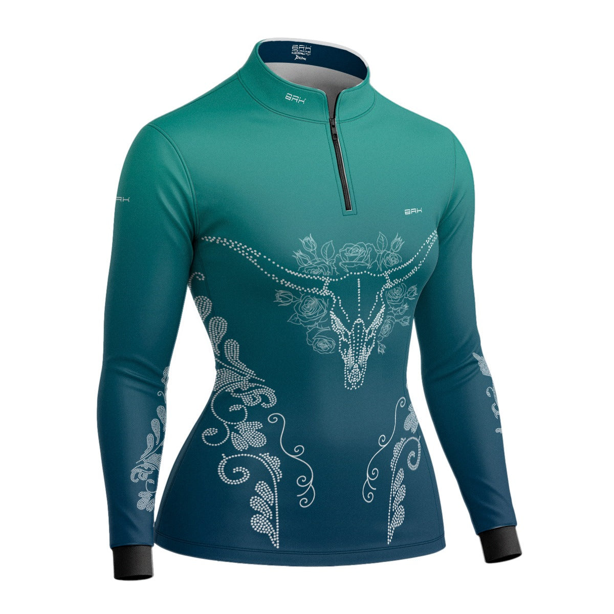 Camisa Agro Feminina BRK Longhorn Floral Strass Degradê Azul com Proteção Solar UV50+ - Brk Agro