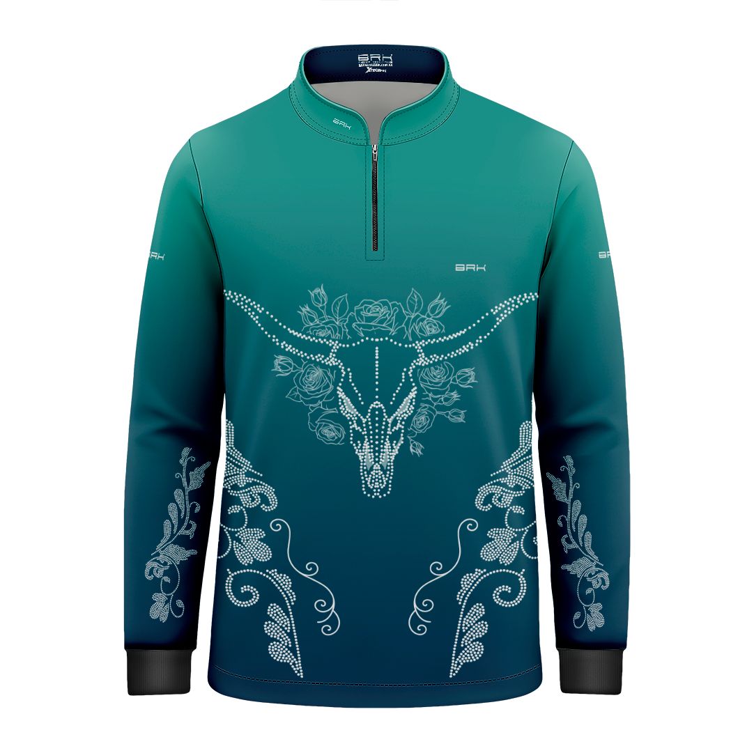 Camisa Agro Infantil BRK Longhorn Floral Strass Degradê Azul com Proteção Solar UV50+ - Brk Agro