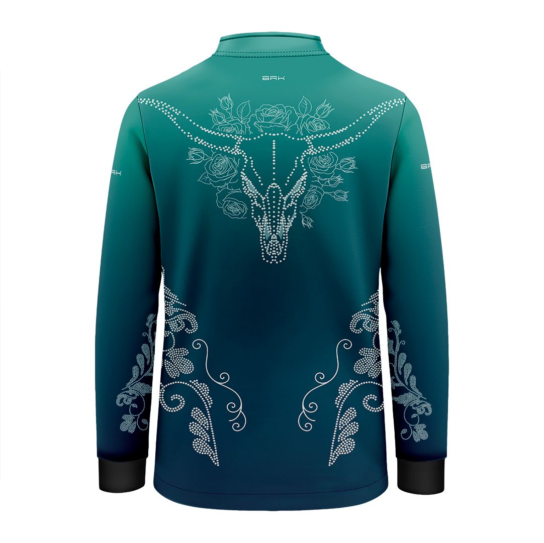 Camisa Agro Infantil BRK Longhorn Floral Strass Degradê Azul com Proteção Solar UV50+ - Brk Agro