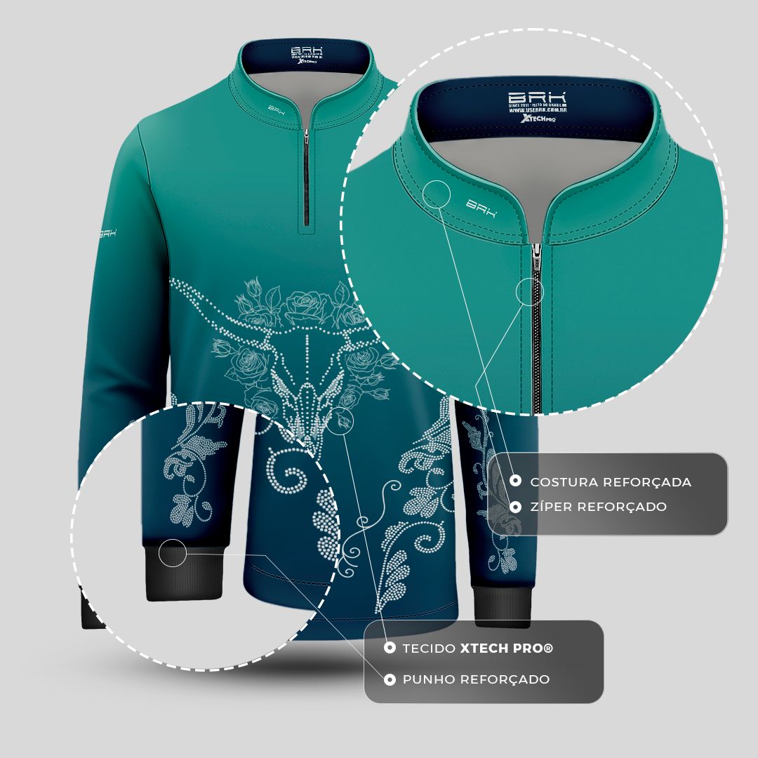 Camisa Agro Infantil BRK Longhorn Floral Strass Degradê Azul com Proteção Solar UV50+ - Brk Agro