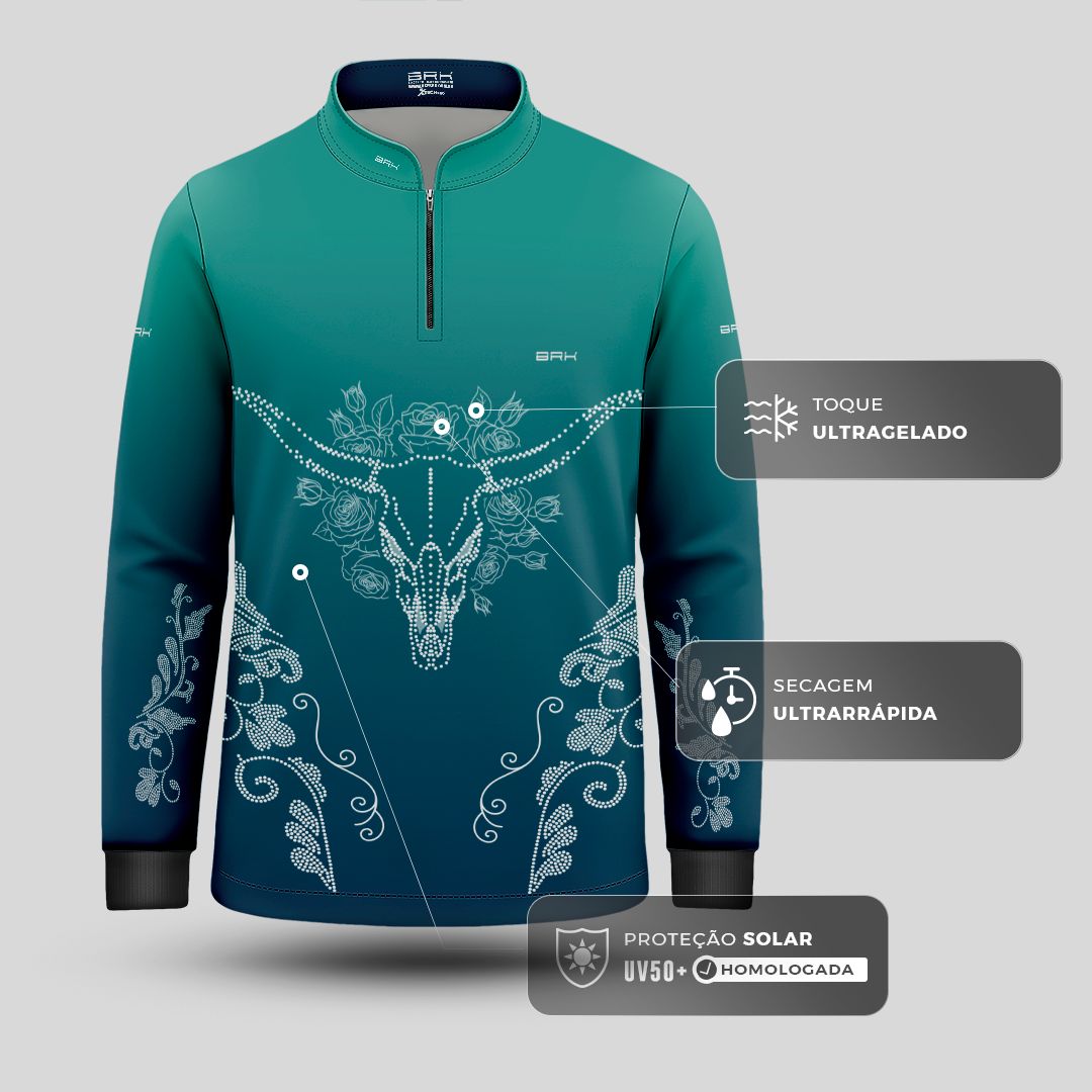 Camisa Agro Infantil BRK Longhorn Floral Strass Degradê Azul com Proteção Solar UV50+ - Brk Agro