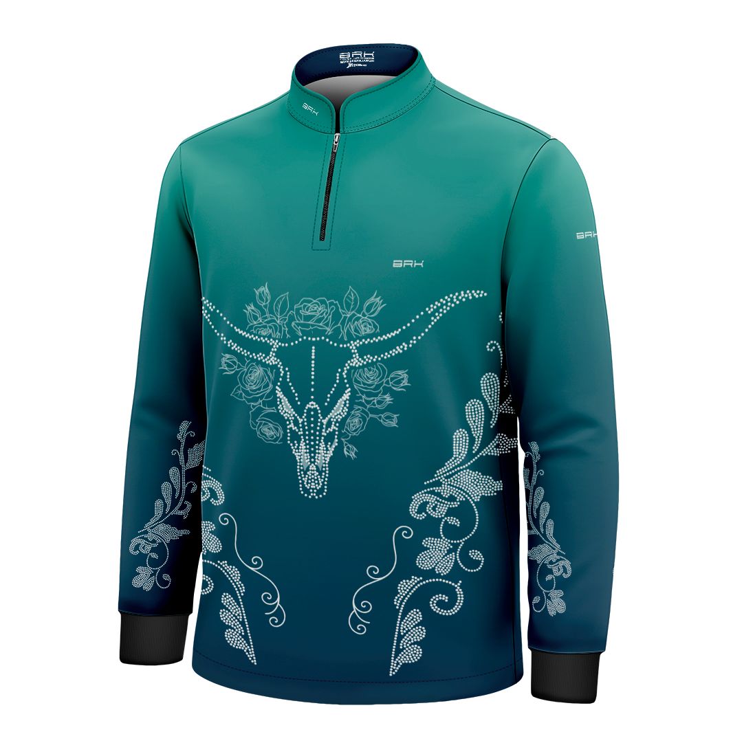Camisa Agro Infantil BRK Longhorn Floral Strass Degradê Azul com Proteção Solar UV50+ - Brk Agro