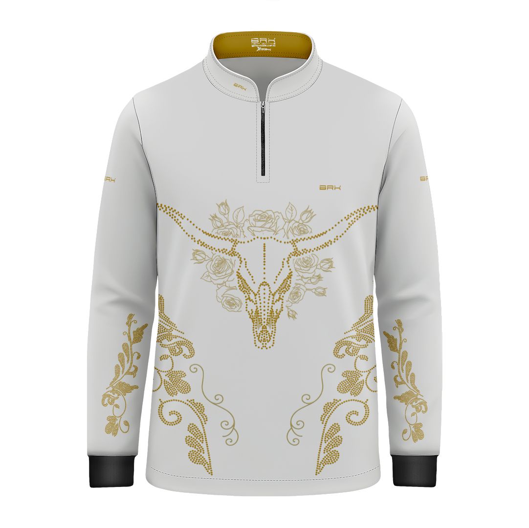 Camisa Agro Infantil BRK Longhorn Floral Strass Branca com Proteção Solar UV50+ - Brk Agro