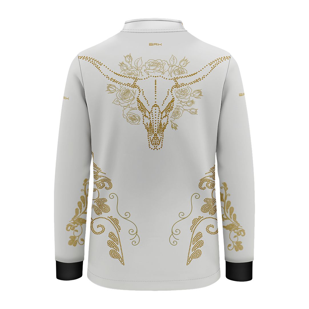 Camisa Agro Infantil BRK Longhorn Floral Strass Branca com Proteção Solar UV50+ - Brk Agro