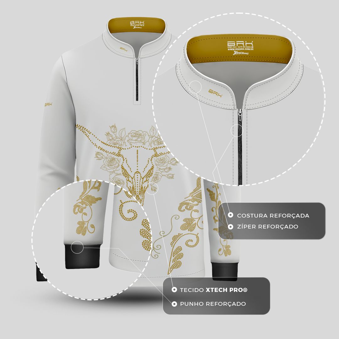 Camisa Agro Infantil BRK Longhorn Floral Strass Branca com Proteção Solar UV50+ - Brk Agro