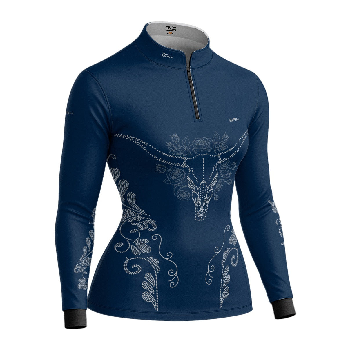 Camisa Agro Feminina BRK Longhorn Floral Strass Azul Marinho com Proteção Solar UV50+ - Brk Agro