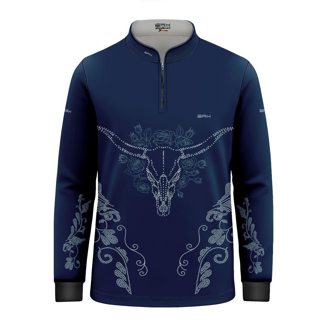 Camisa Agro Infantil BRK Longhorn Floral Strass Azul Marinho com Proteção Solar UV50+ - Brk Agro