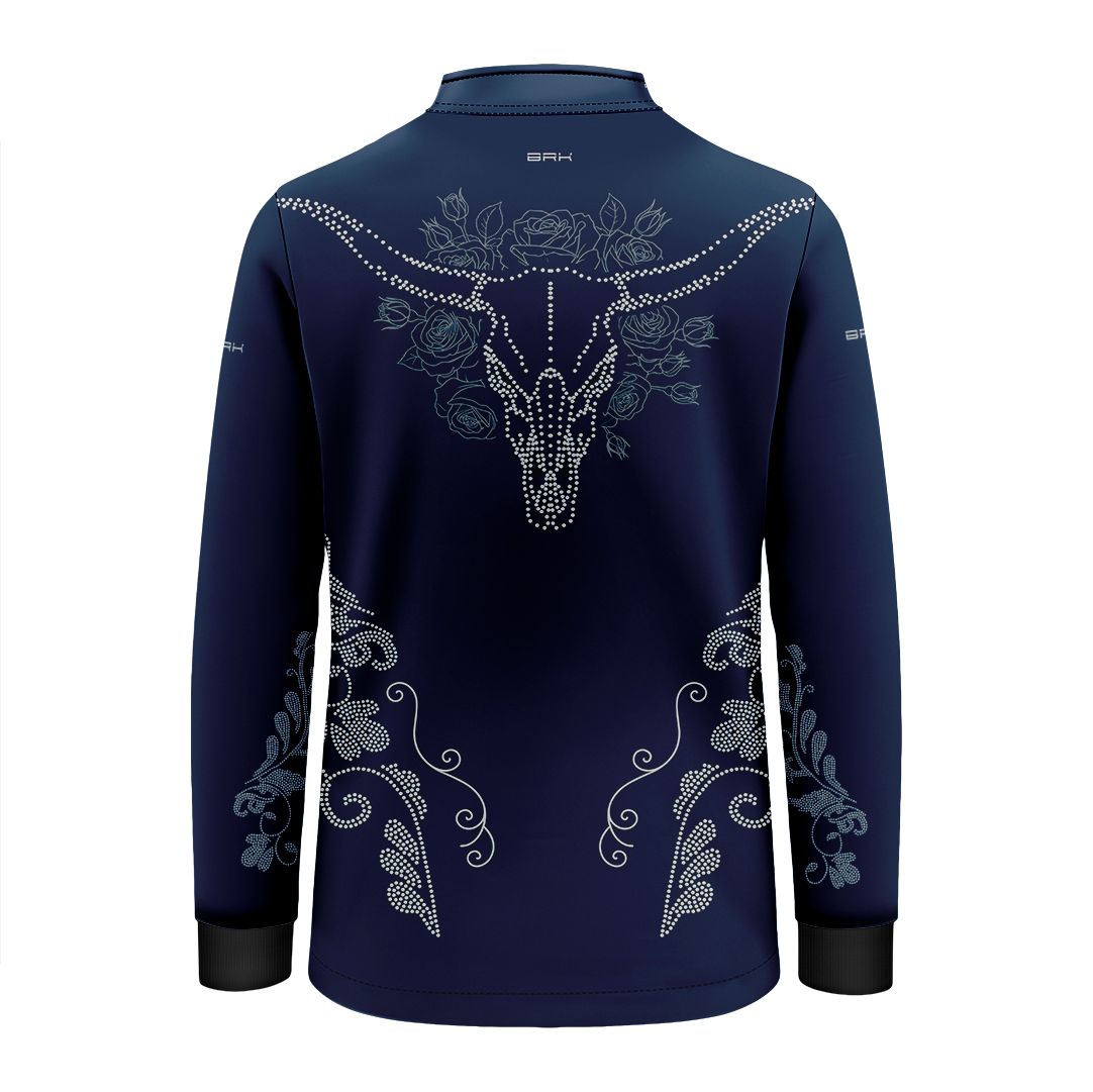Camisa Agro Infantil BRK Longhorn Floral Strass Azul Marinho com Proteção Solar UV50+ - Brk Agro