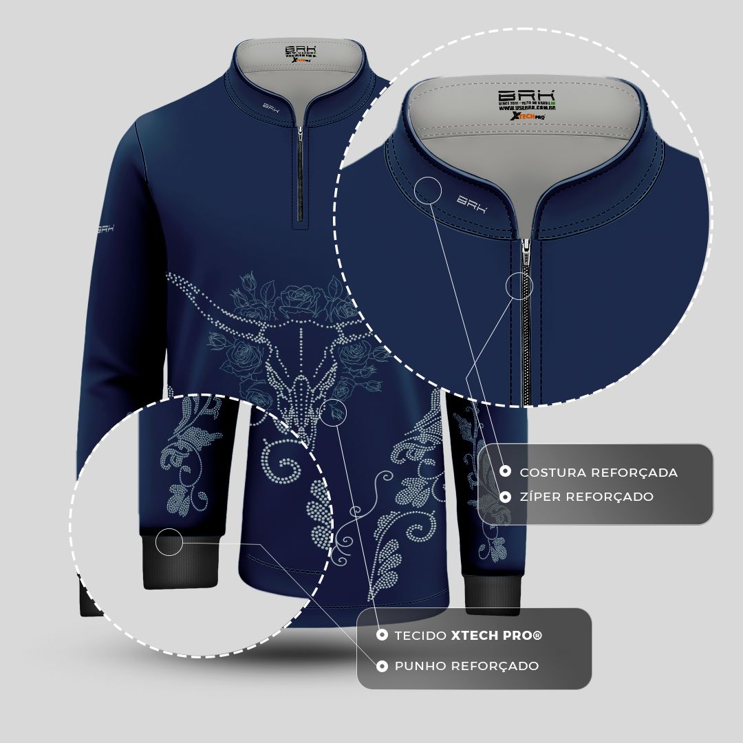 Camisa Agro Infantil BRK Longhorn Floral Strass Azul Marinho com Proteção Solar UV50+ - Brk Agro