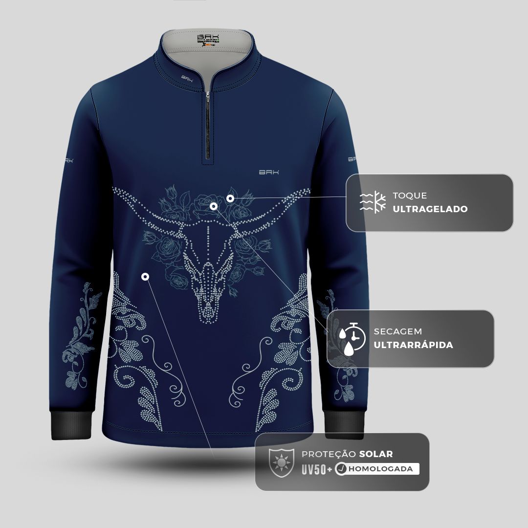 Camisa Agro Infantil BRK Longhorn Floral Strass Azul Marinho com Proteção Solar UV50+ - Brk Agro