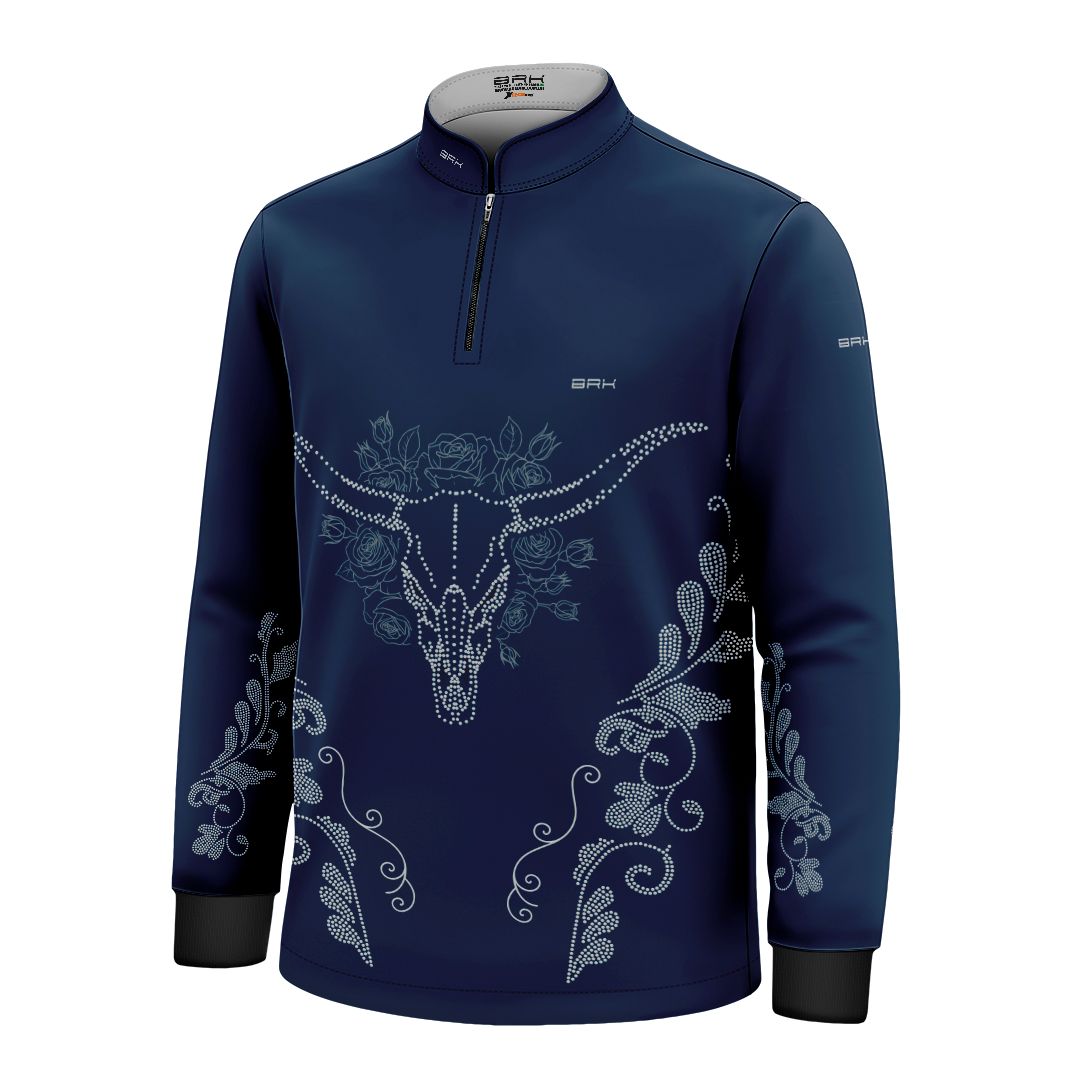 Camisa Agro Infantil BRK Longhorn Floral Strass Azul Marinho com Proteção Solar UV50+ - Brk Agro