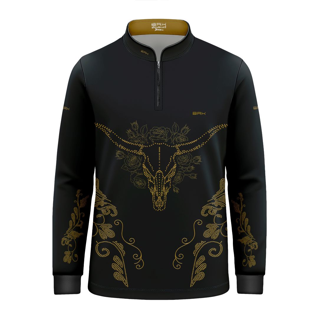 Camisa Agro Infantil BRK Longhorn Floral Strass Preto com Proteção Solar UV50+ - Brk Agro