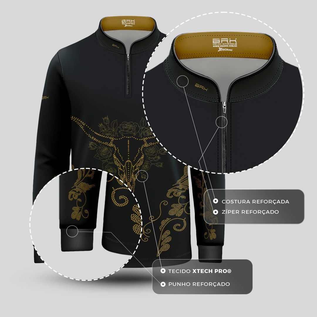 Camisa Agro Infantil BRK Longhorn Floral Strass Preto com Proteção Solar UV50+ - Brk Agro