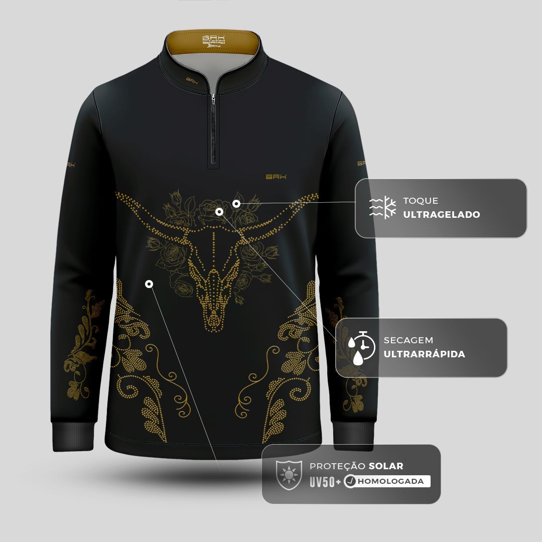 Camisa Agro Infantil BRK Longhorn Floral Strass Preto com Proteção Solar UV50+ - Brk Agro