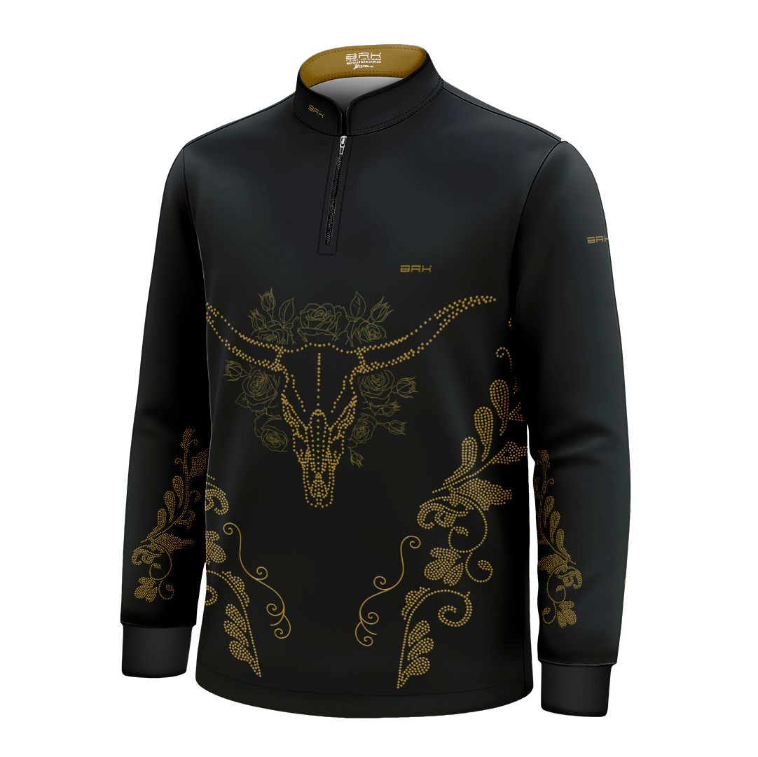 Camisa Agro Infantil BRK Longhorn Floral Strass Preto com Proteção Solar UV50+ - Brk Agro