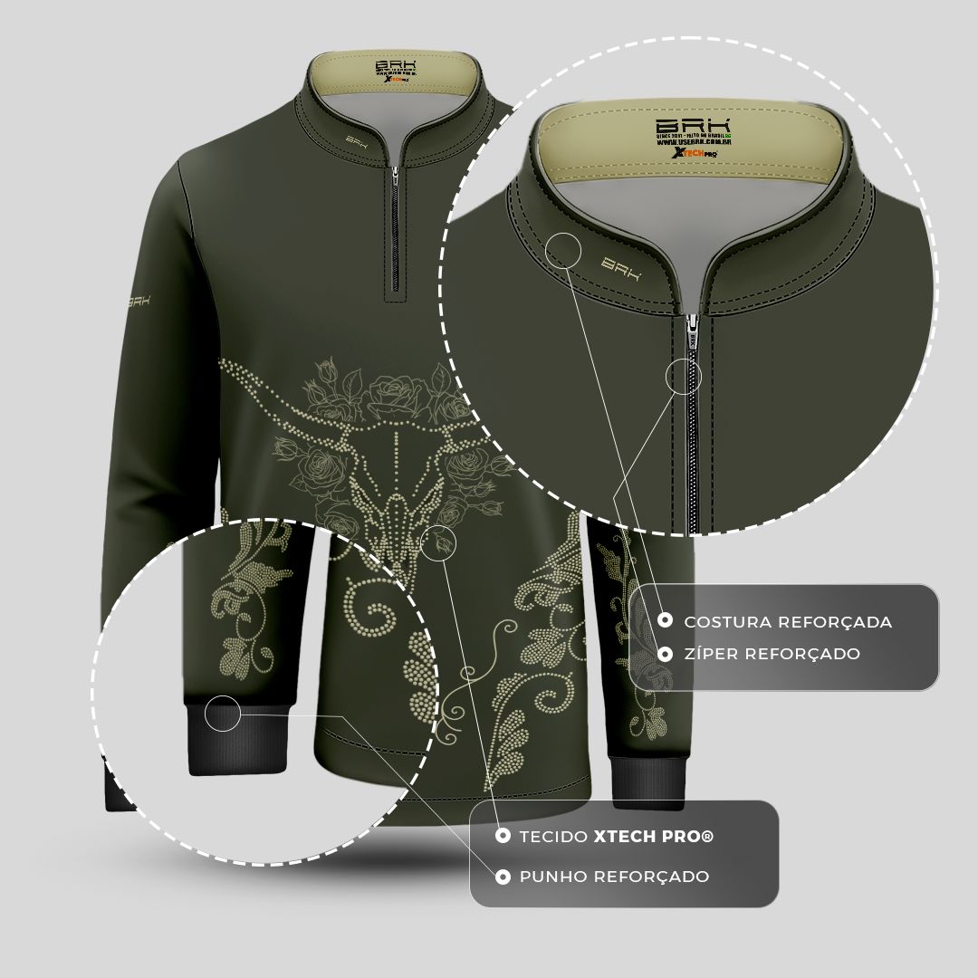 Camisa Agro Infantil BRK Longhorn Floral Oliva com Proteção Solar UV50+ - Brk Agro