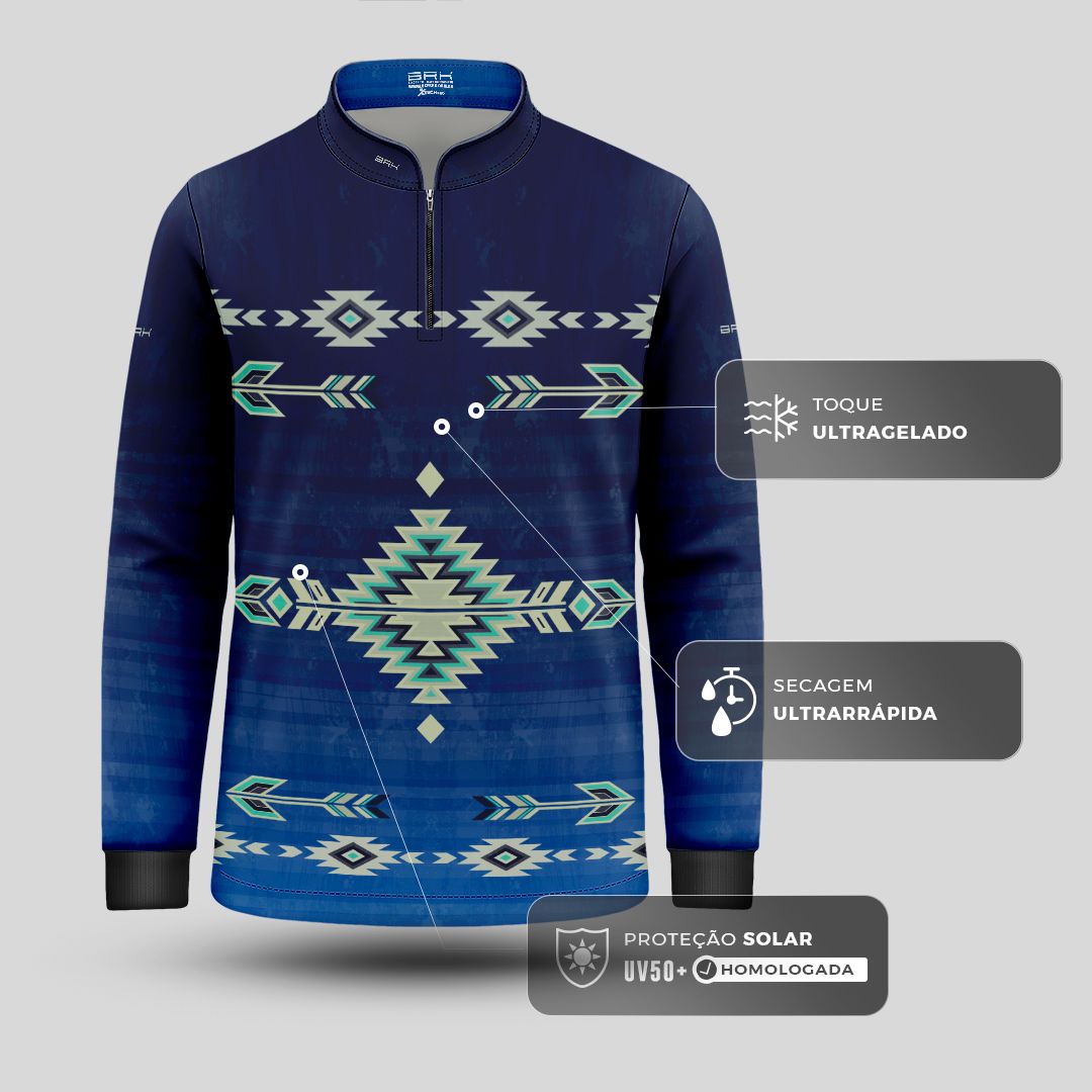 Camisa Agro Infantil BRK Native Ancestral Azul Marinho com Proteção Solar UV50+ - Brk Agro