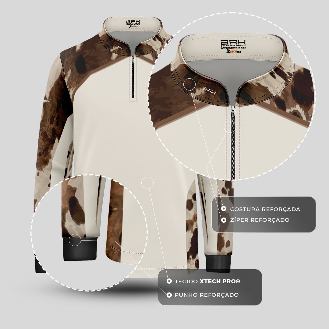 Camisa Agro Infantil BRK Pecuária Cow Print Bege com Proteção Solar UV50+ - Brk Agro