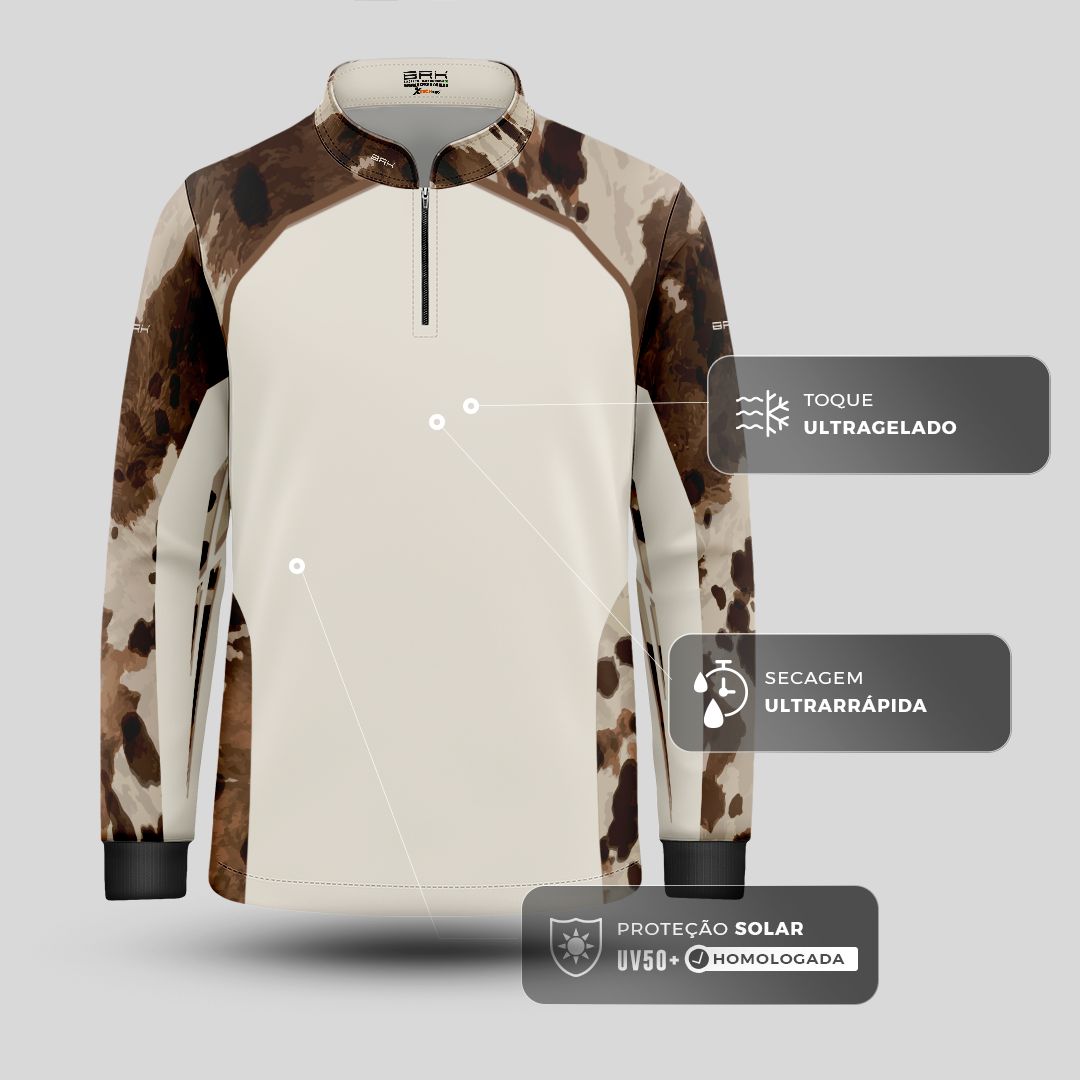 Camisa Agro Infantil BRK Pecuária Cow Print Bege com Proteção Solar UV50+ - Brk Agro