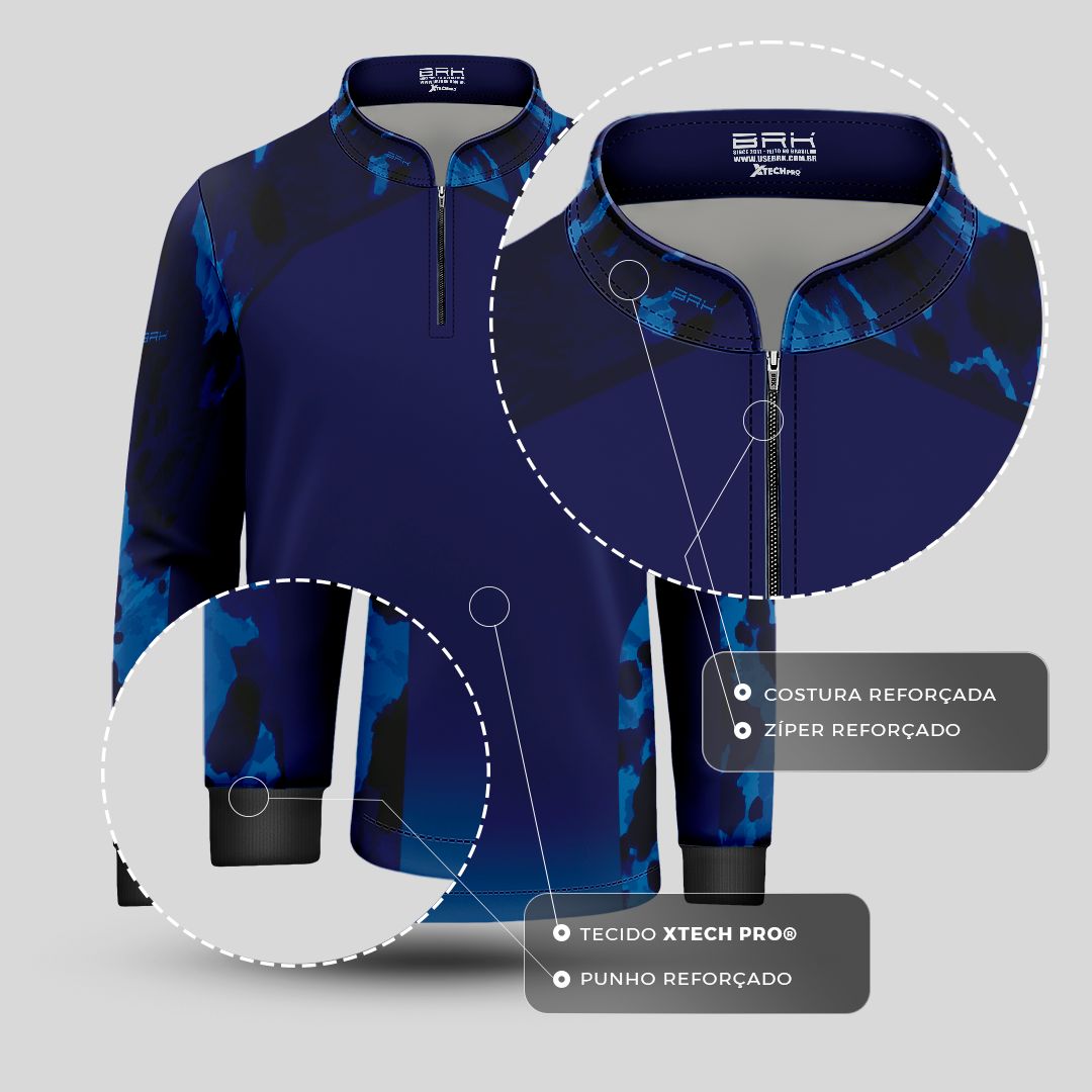 Camisa Agro Infantil BRK Pecuária Cow Print Azul com Proteção Solar UV50+ - Brk Agro