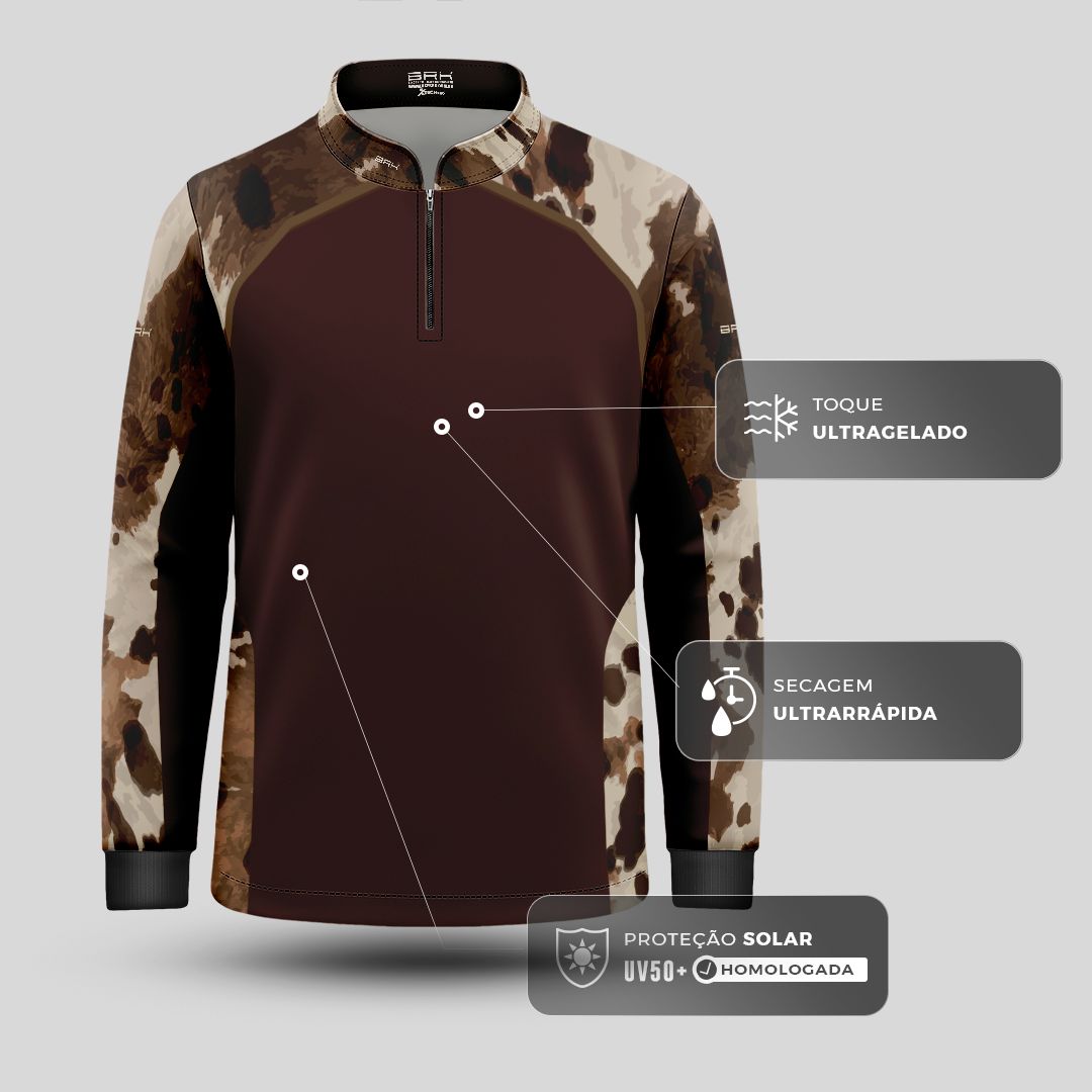 Camisa Agro Infantil BRK Pecuária Brown Print com Proteção Solar UV50+ - Brk Agro