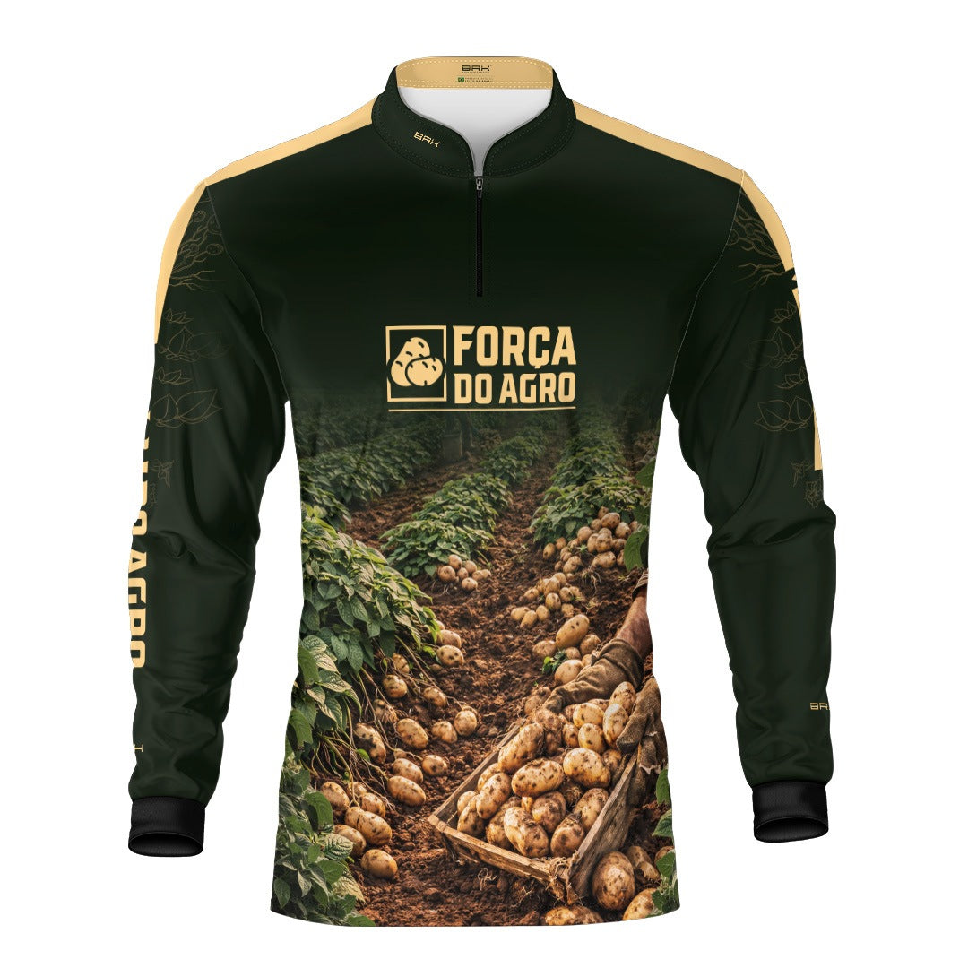 Camisa Agro BRK Força do Agro Colheita de Batatas com Proteção UV50+ Verde Musgo - Brk Agro