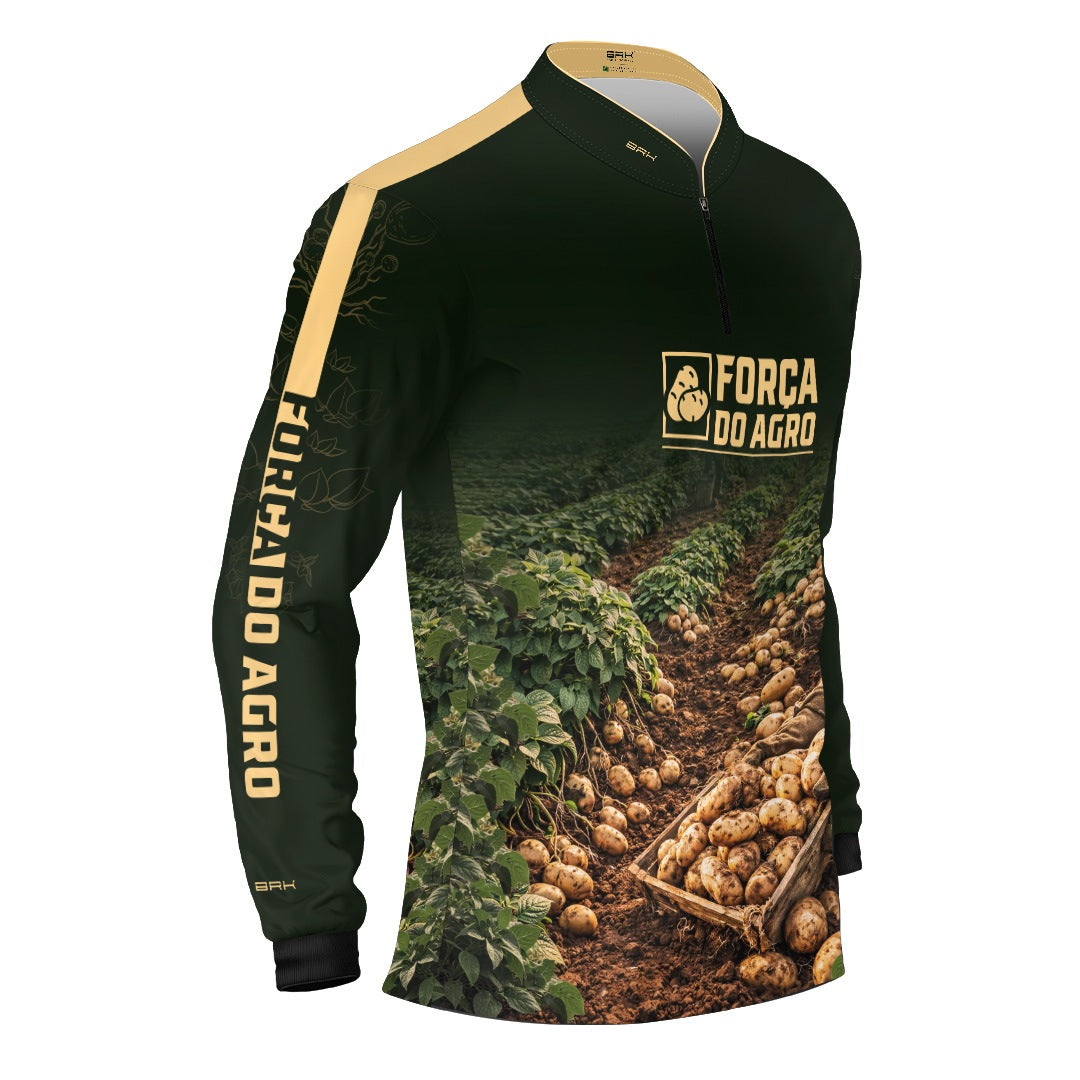 Camisa Agro BRK Força do Agro Colheita de Batatas com Proteção UV50+ Verde Musgo - Brk Agro