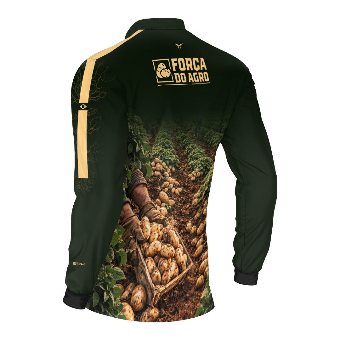 Camisa Agro BRK Força do Agro Colheita de Batatas com Proteção UV50+ Verde Musgo - Brk Agro