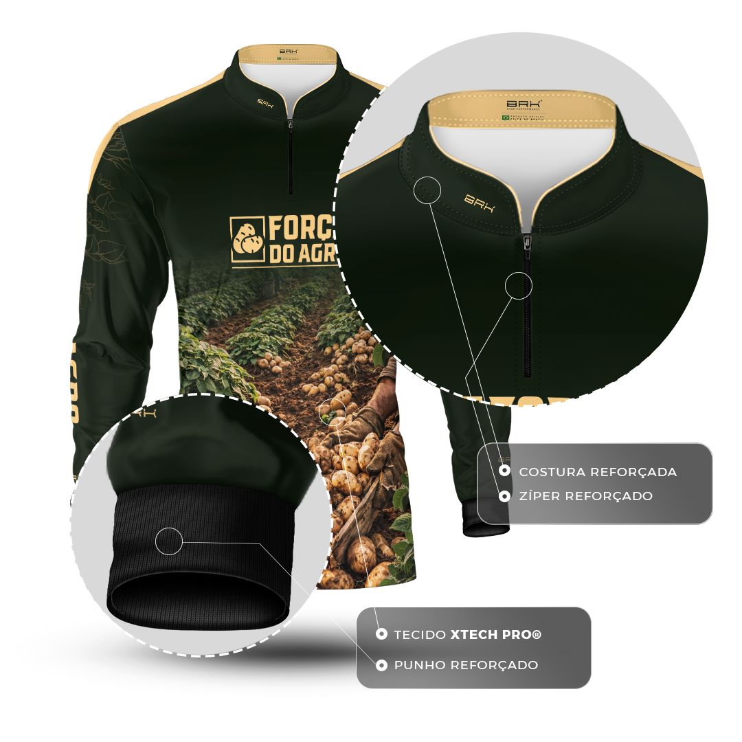 Camisa Agro BRK Força do Agro Colheita de Batatas com Proteção UV50+ Verde Musgo - Brk Agro