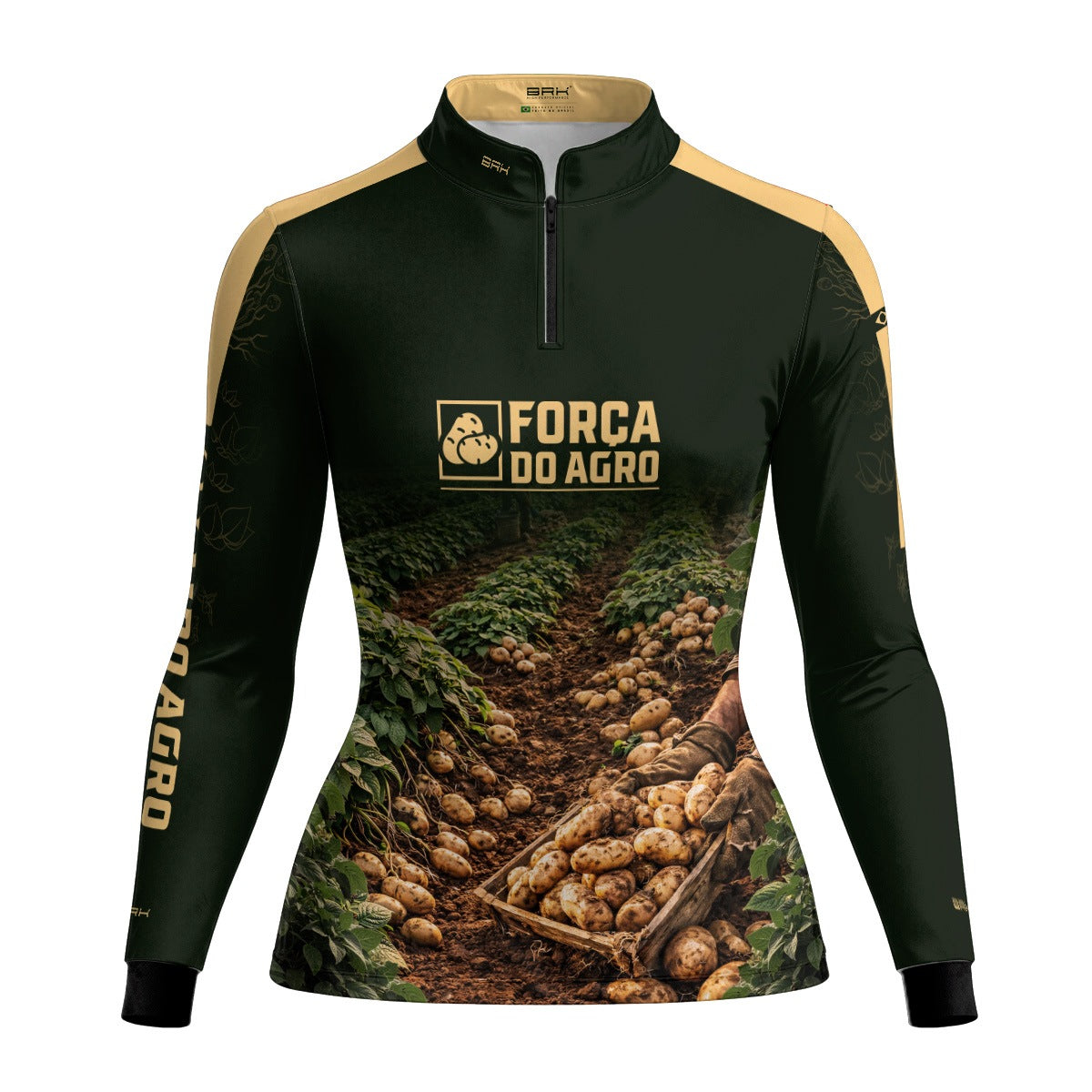 Camisa Agro Feminina BRK Força do Agro Colheita de Batatas com Proteção UV50+ Verde Musgo - Brk Agro